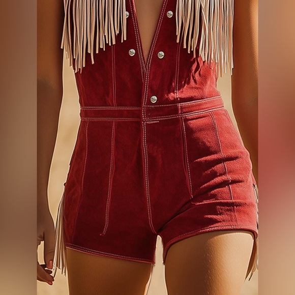 Oyrosy Western Cowboy Style Red Suede Silver Button Beige Tassel Jumpsuit NWT - Picture 5 of 12